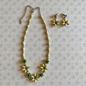 VCLM Vintage green floral rhinestone necklace and pierced earrings set